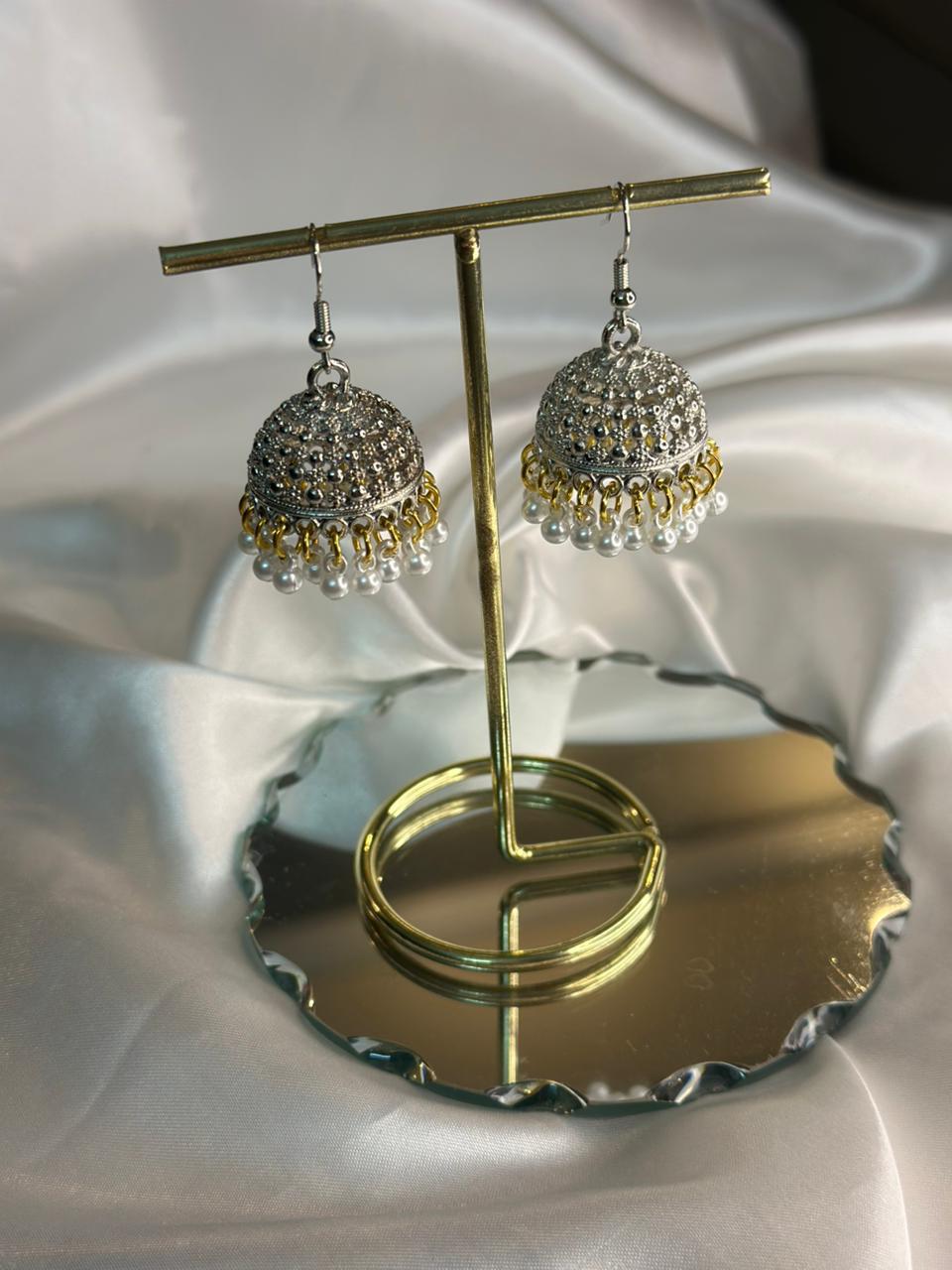 dotted Jhumki (Silver with gold rings and white moti)