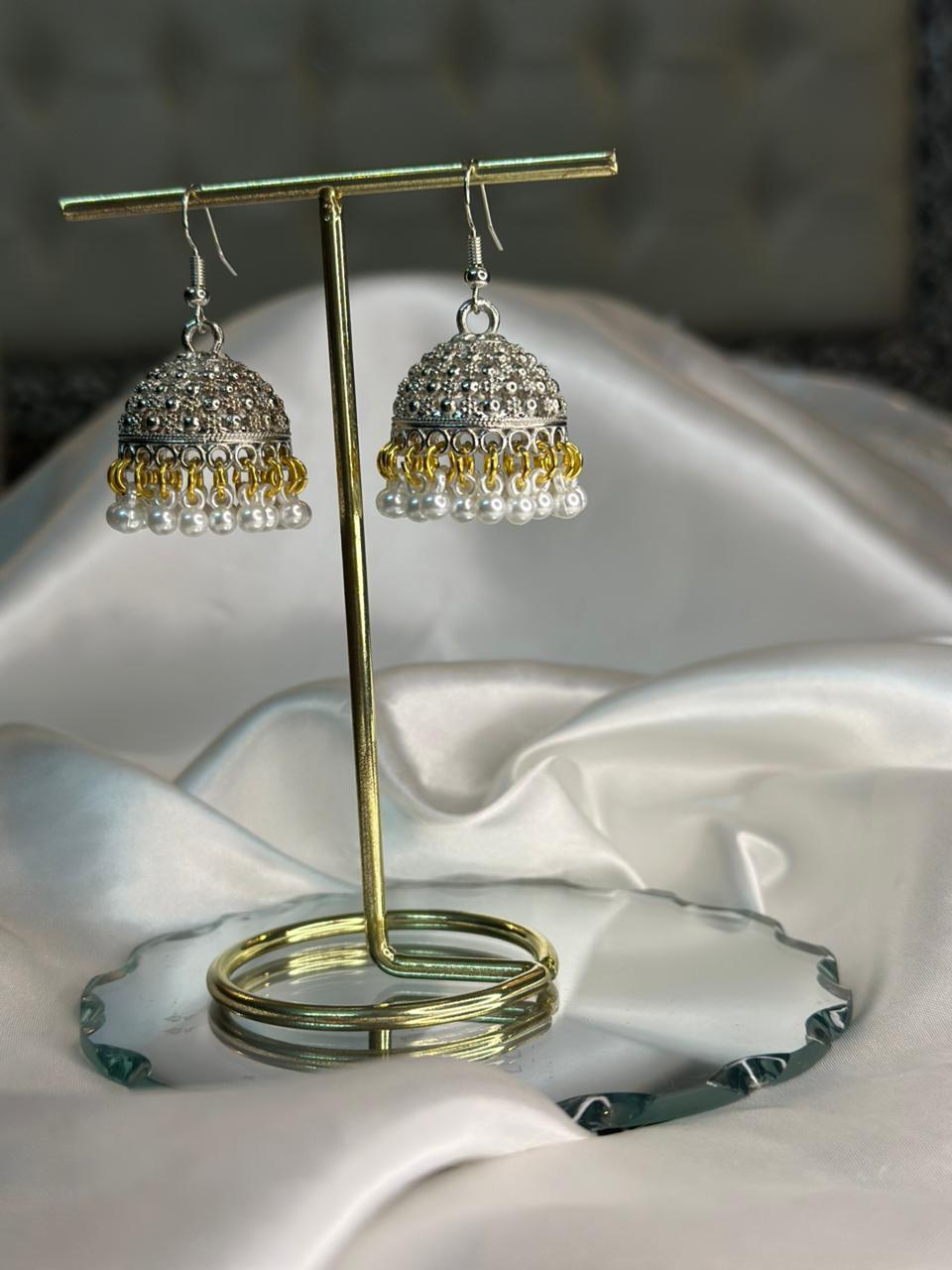 dotted Jhumki (Silver with gold rings and white moti)