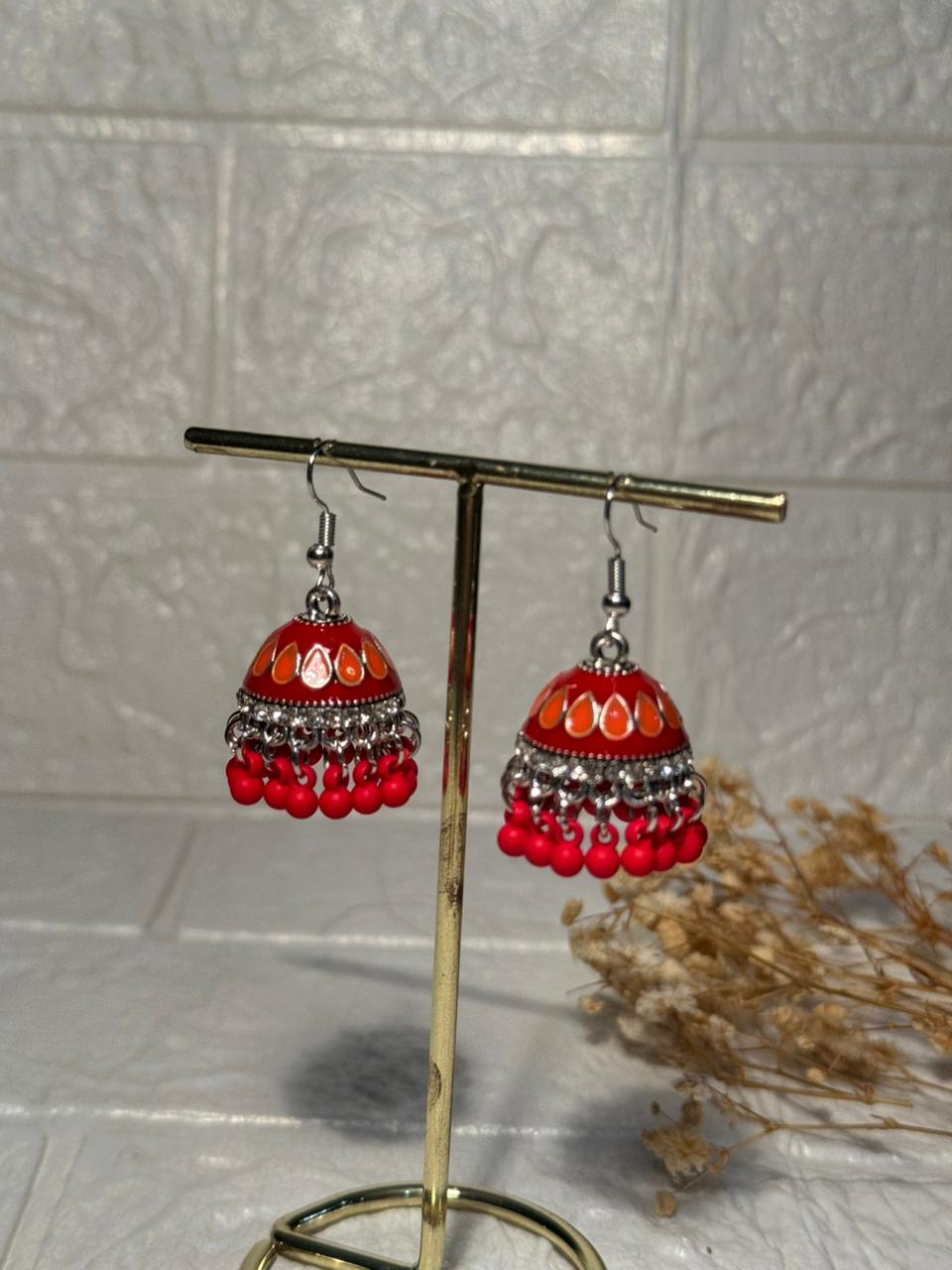 Maya Ali Silver Jhumki (Red and Orange)