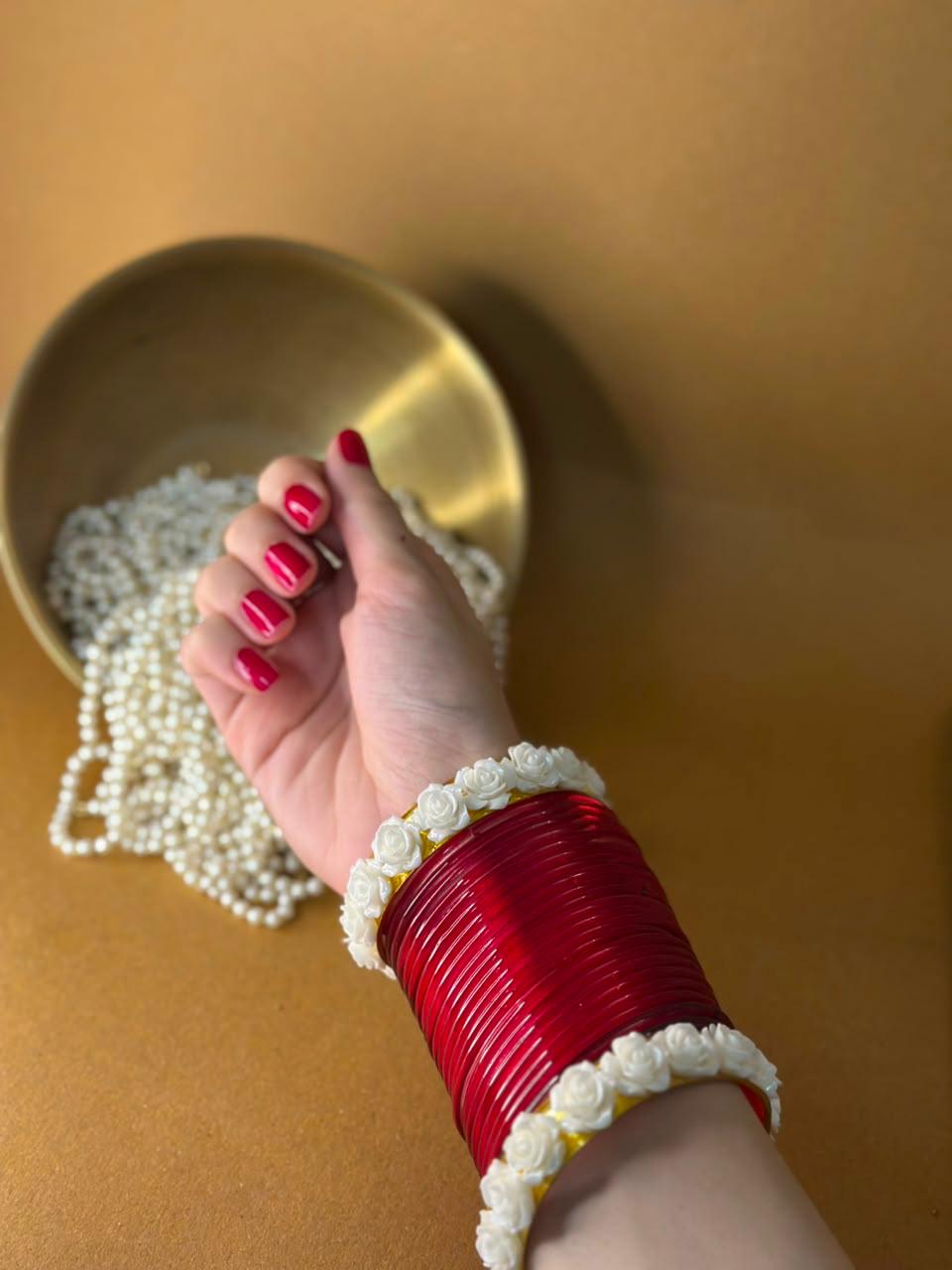 Red bangles with phool karray bundle