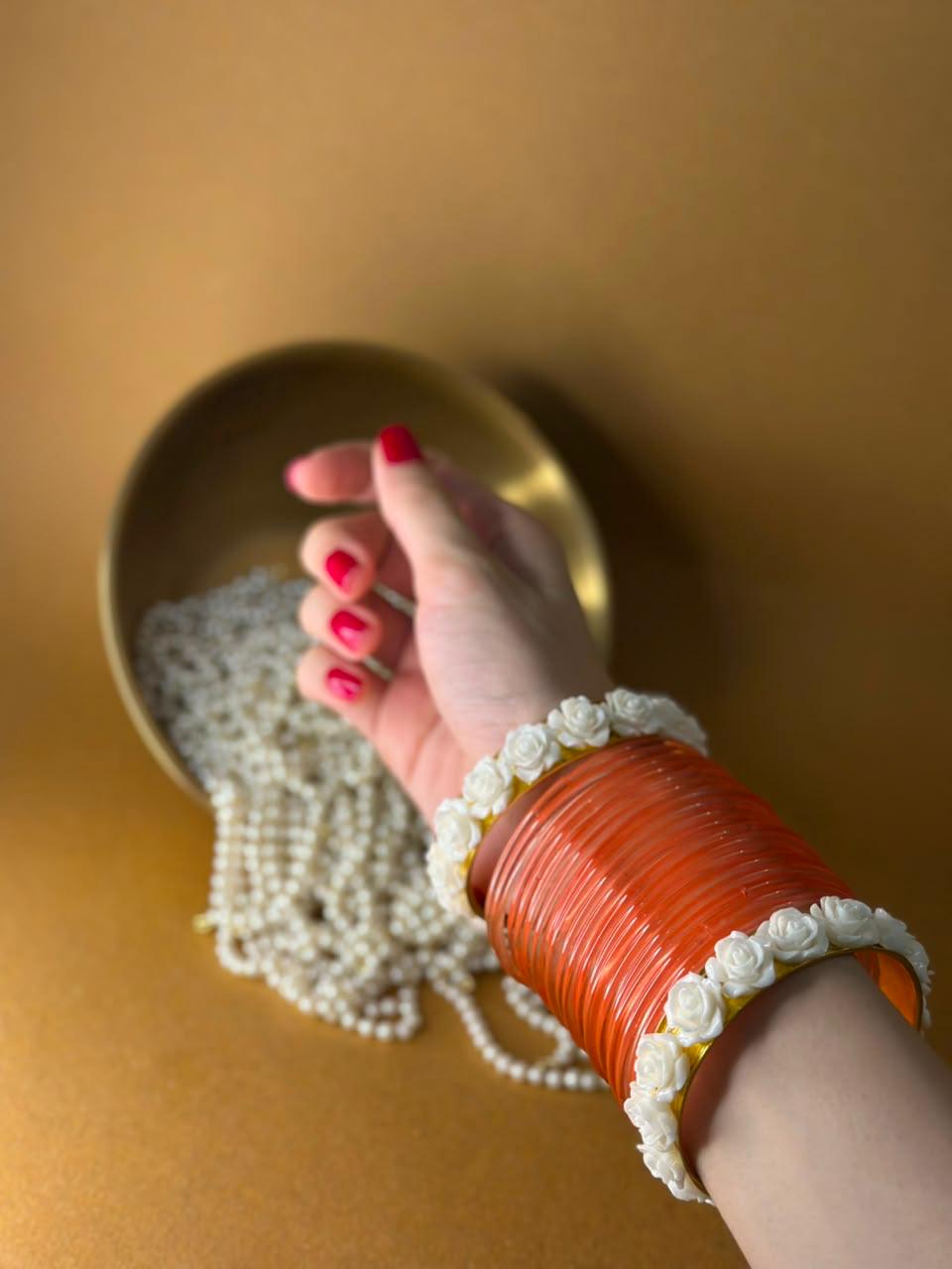 orange Glass bangles with phool karray bundle