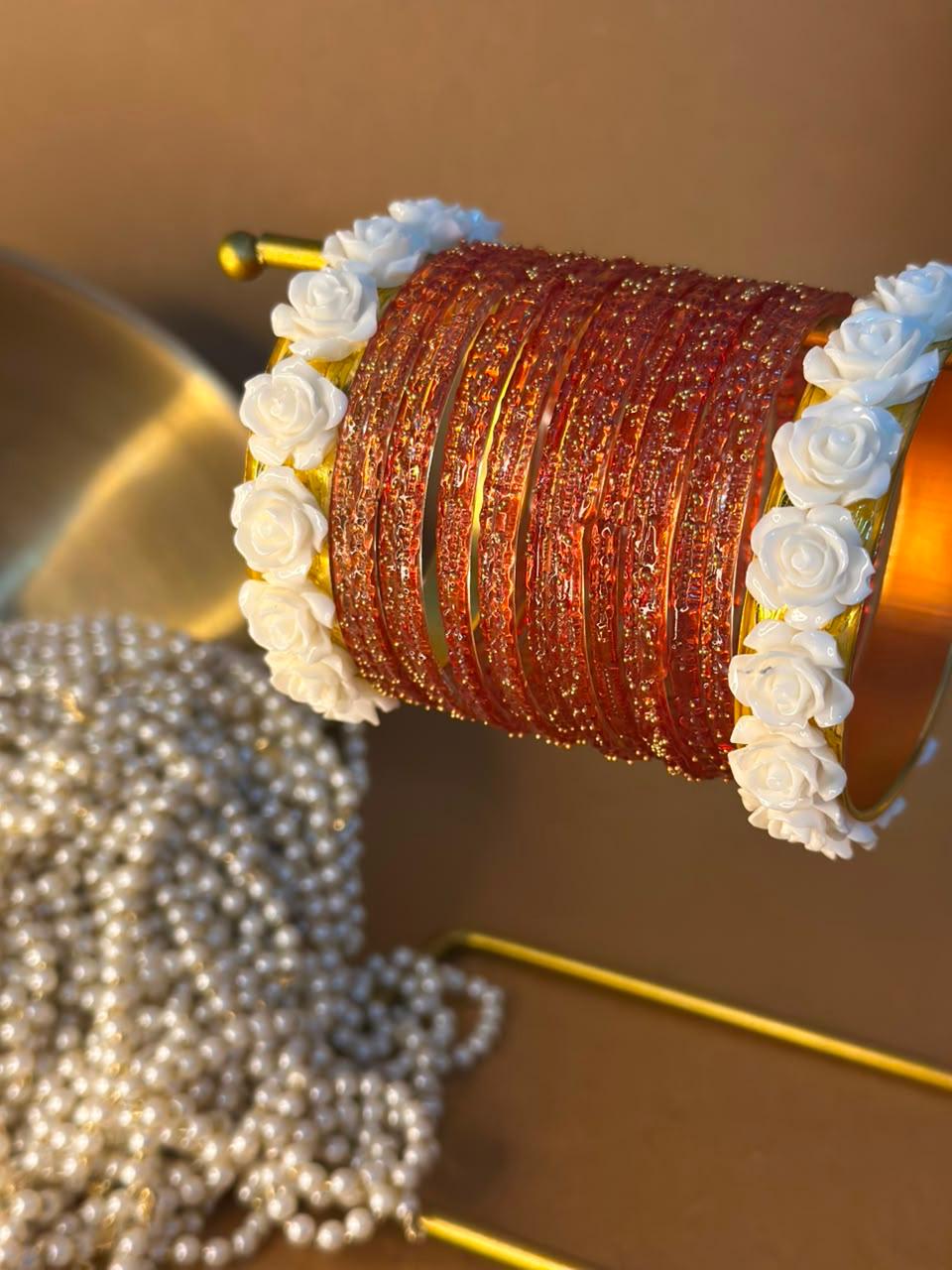 orange Raindrop bangles with phool karray bundle