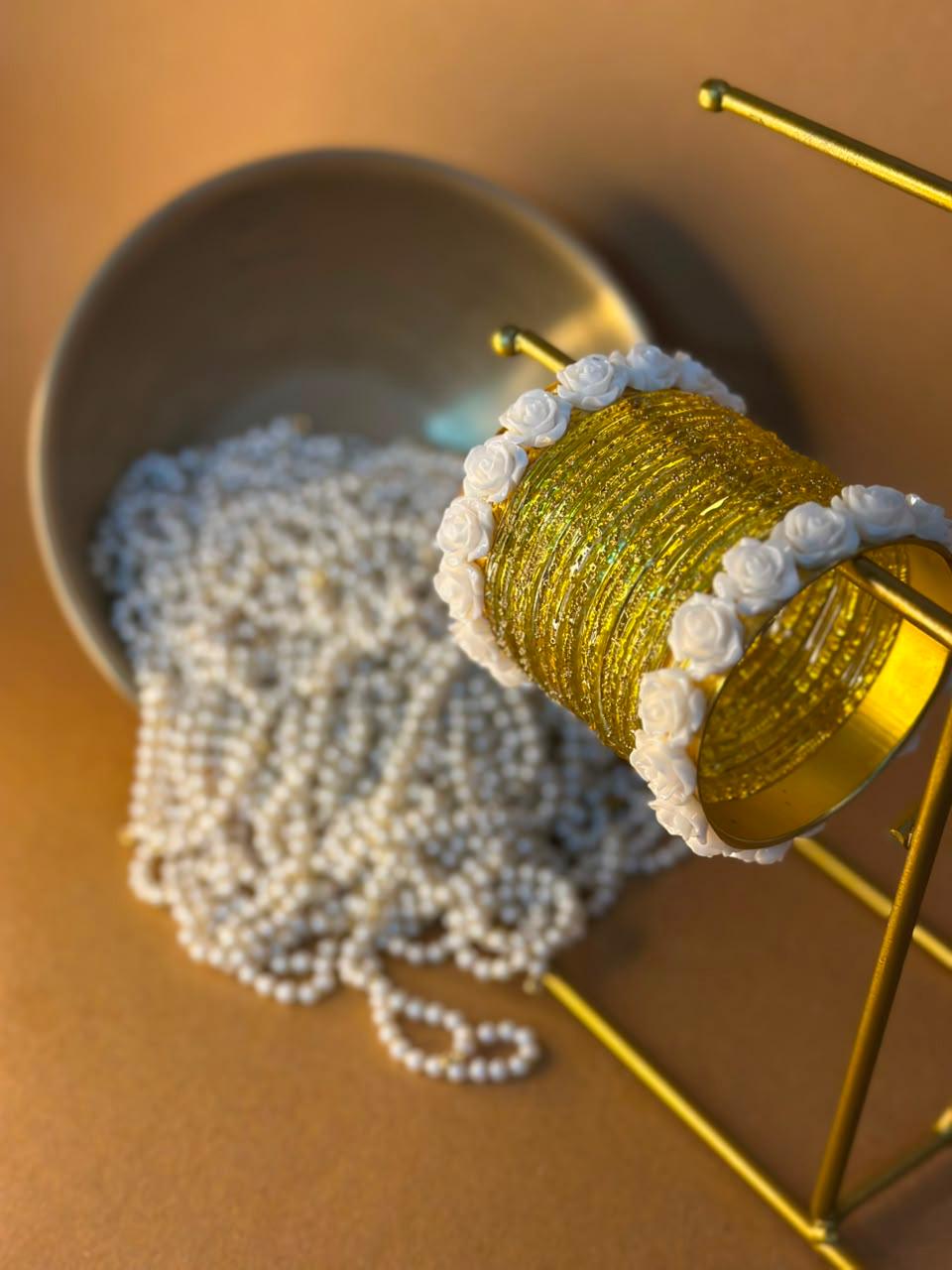 Yellow Raindrop bangles with phool karray bundle