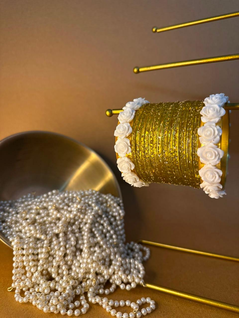 Yellow Raindrop bangles with phool karray bundle