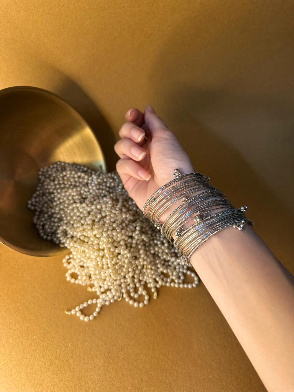 Silver bangles with ghungroo bangle bundle