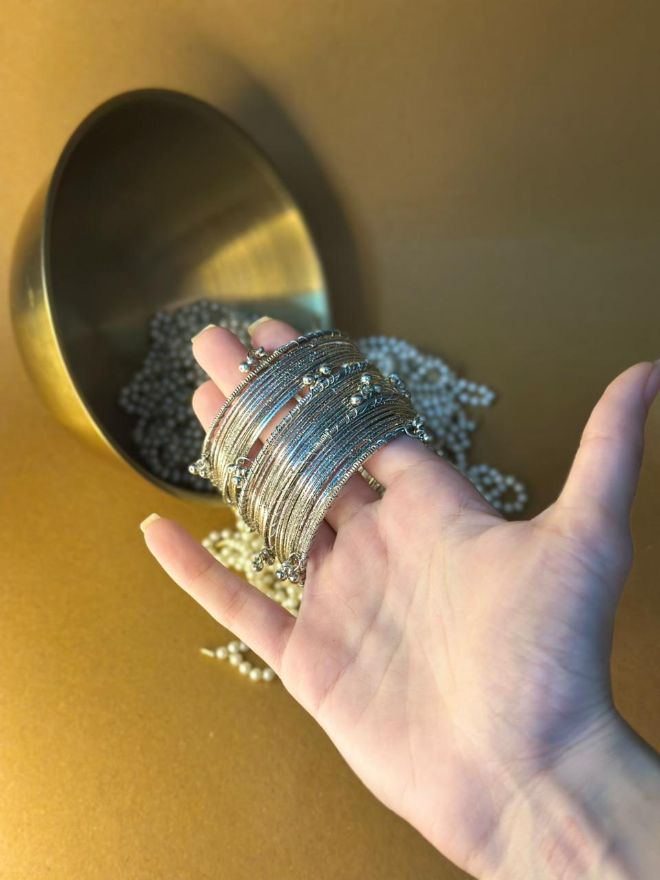 Silver bangles with ghungroo bangle bundle