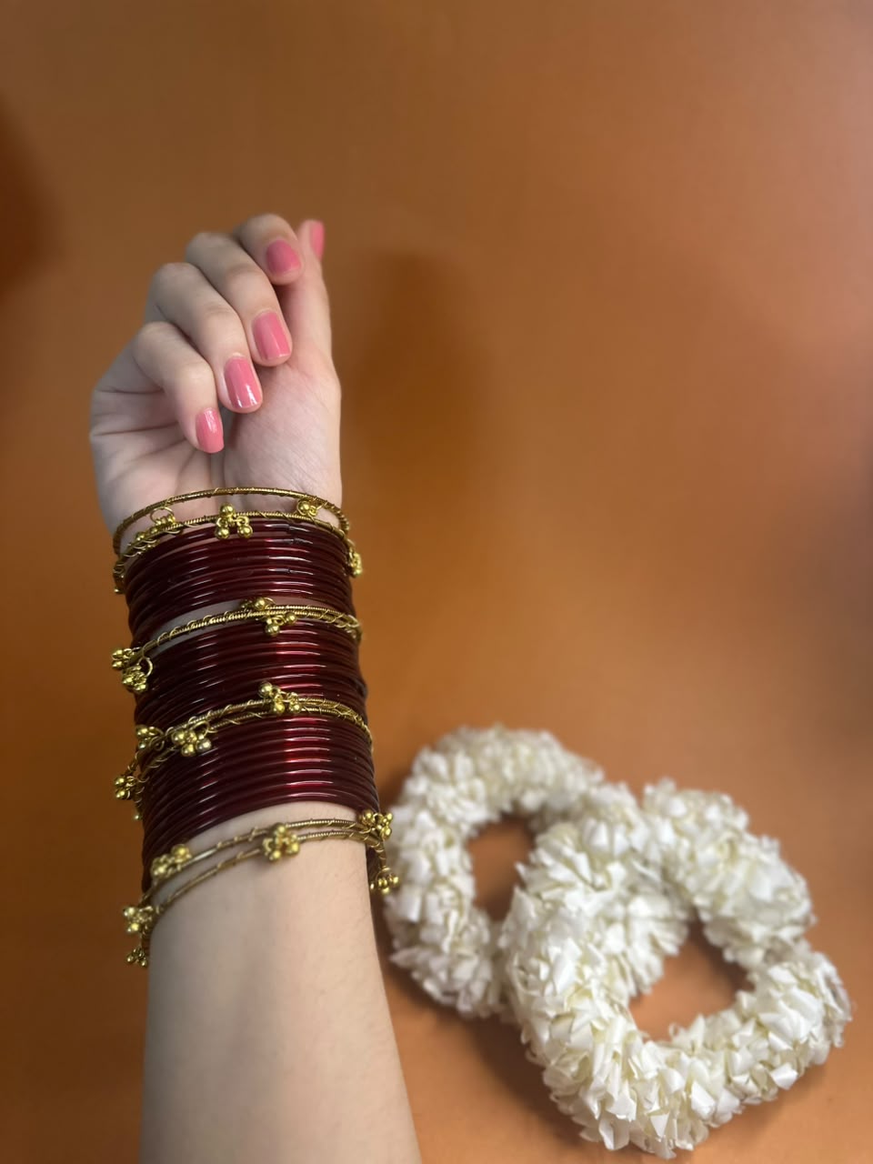 maroon glass bangles with ghungroo bundle