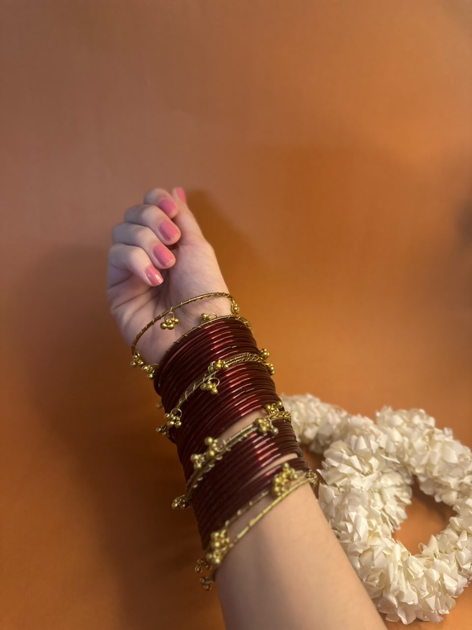 maroon glass bangles with ghungroo bundle