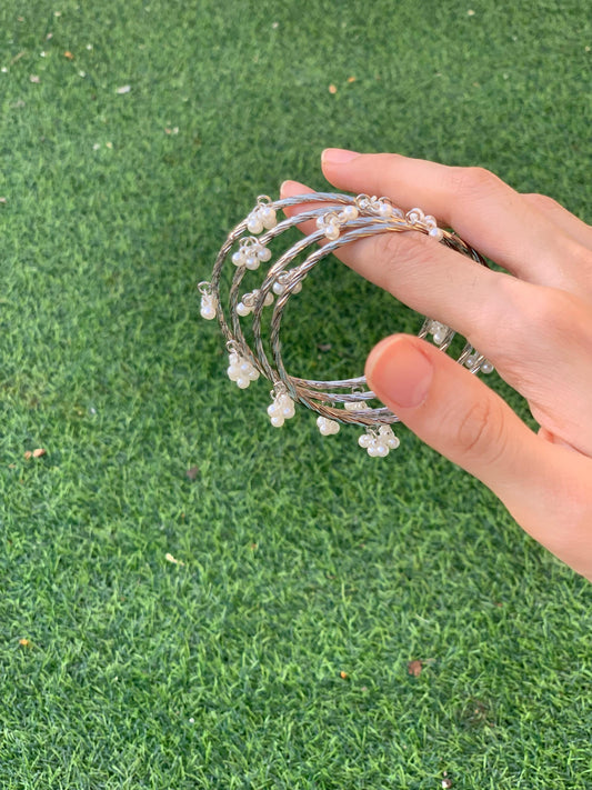 Silver Whte Pearl Bangles Full Set