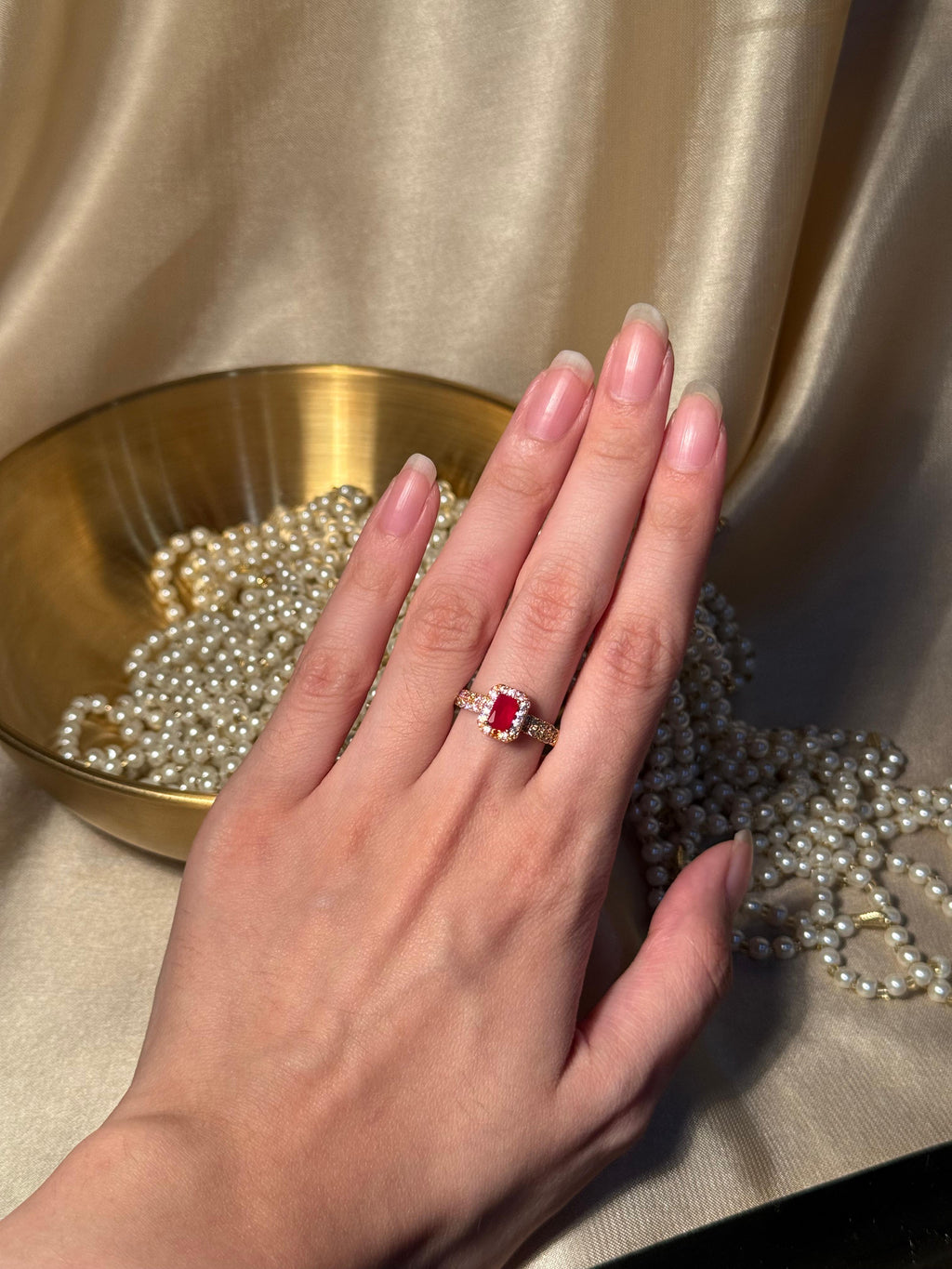 Rectangle Gem Stone Ring Gold - Red