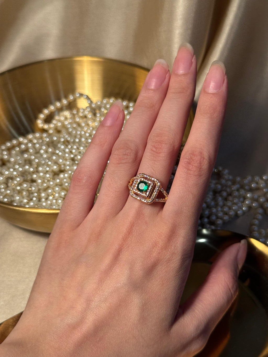 Square Gem Ring Gold - Dark green
