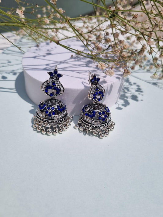 Naina silver jhumkiyan - (Blue)