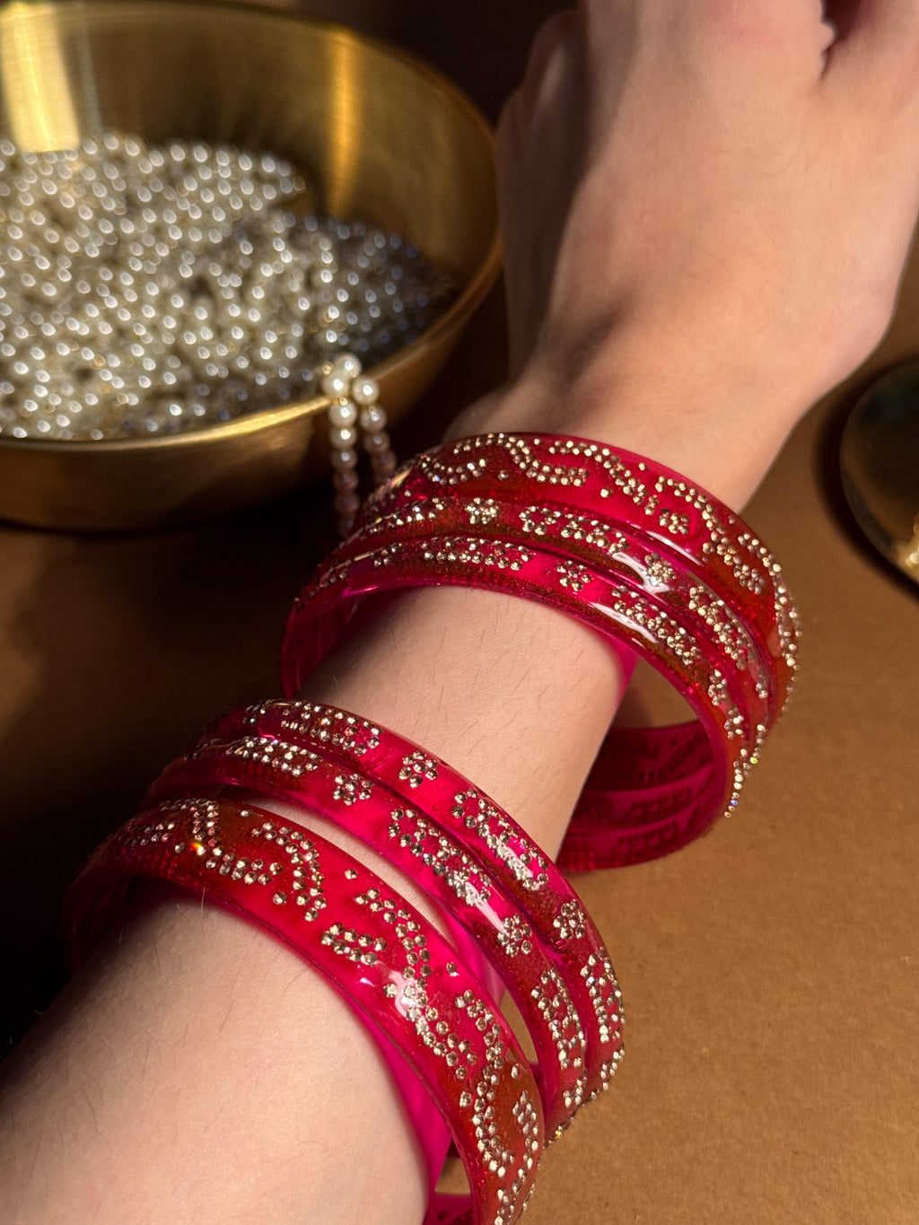 Beaded glass bangles with karra - Red