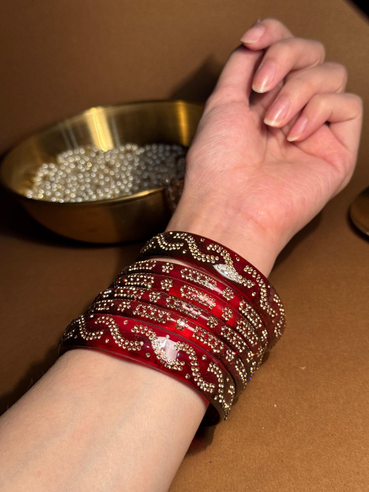 Beaded glass bangles with karra - Deep Red (Maroon)