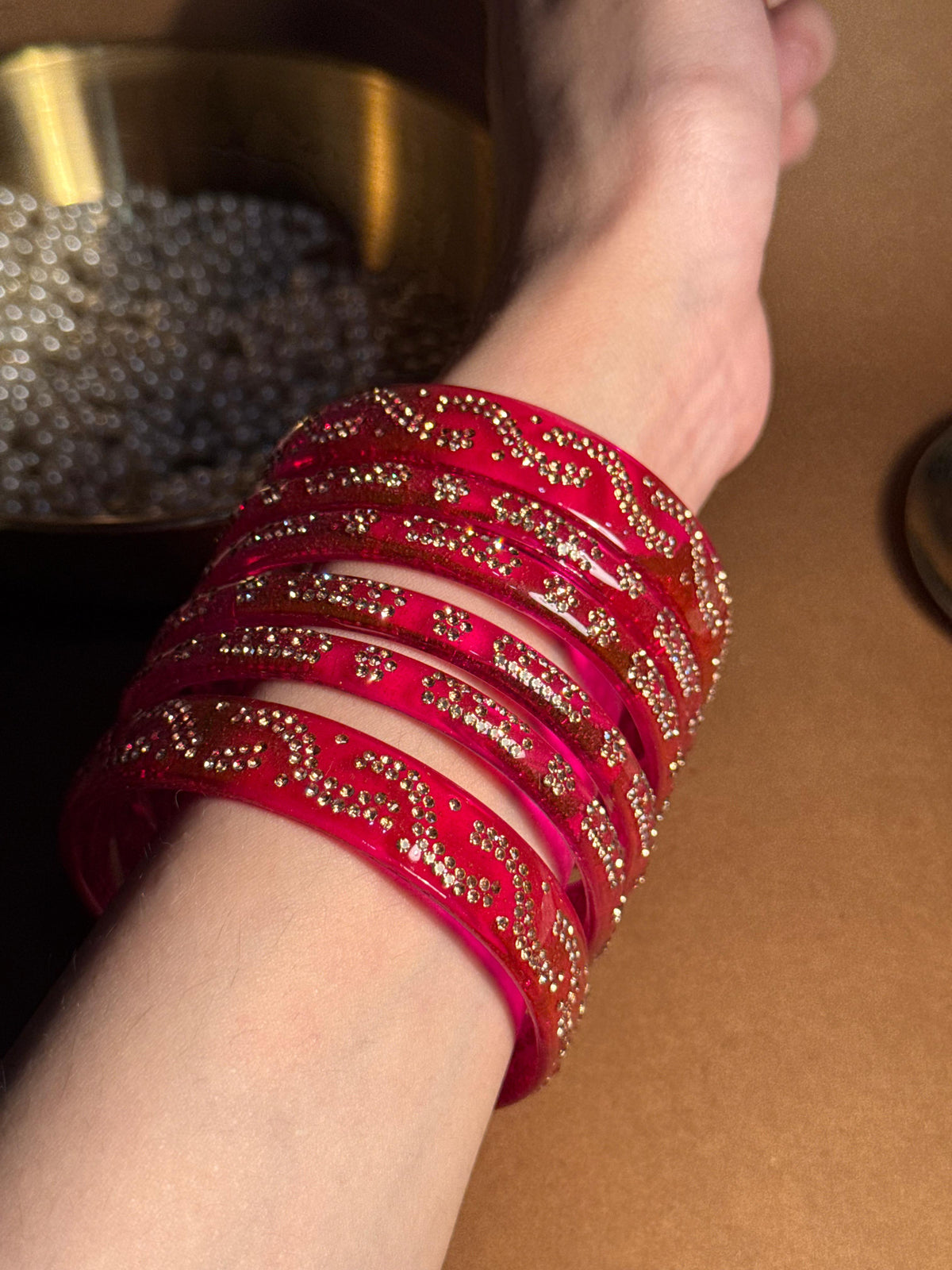 Beaded glass bangles with karra - Red