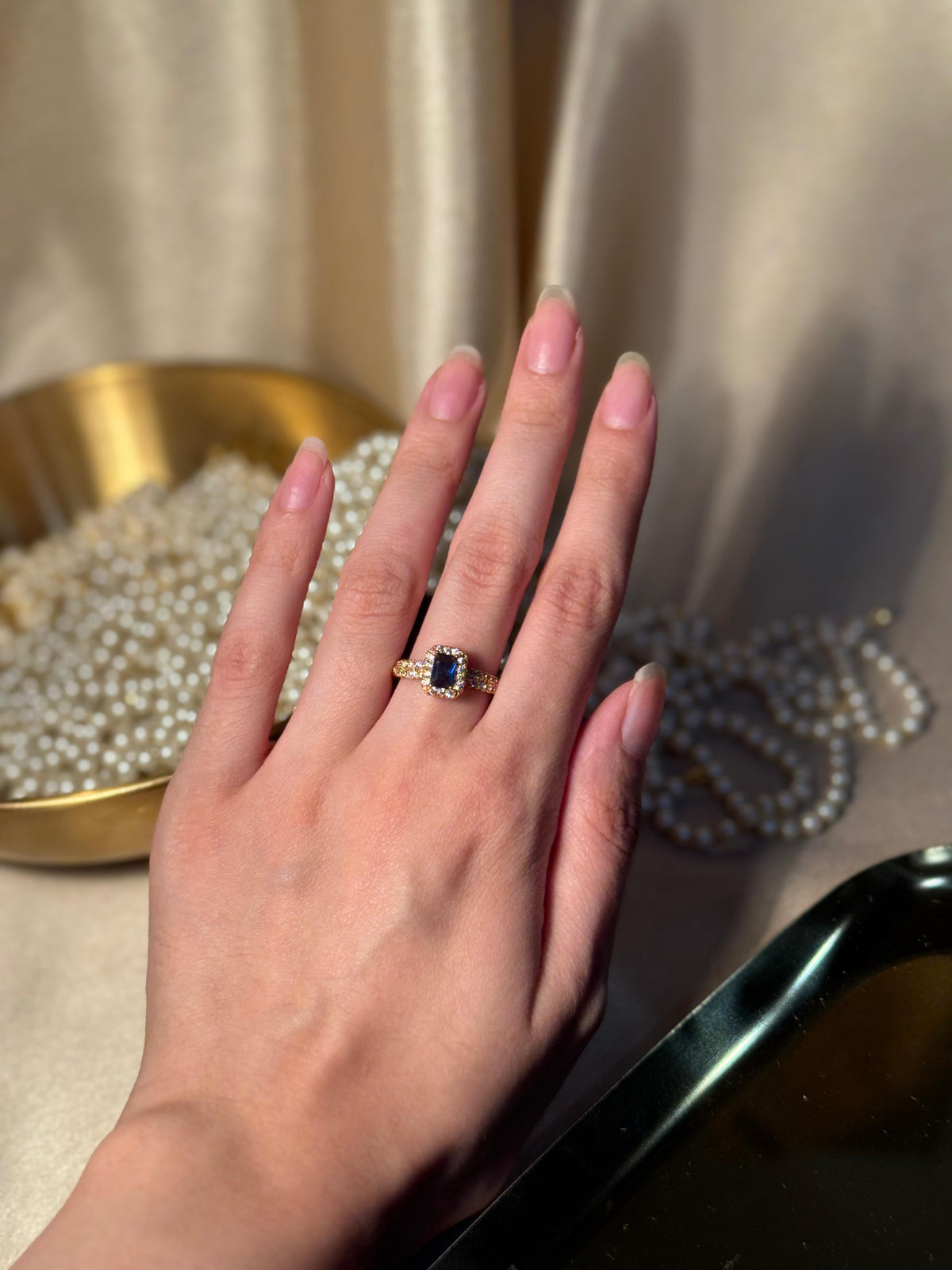 Rectangle Gem Stone Ring Gold - blue