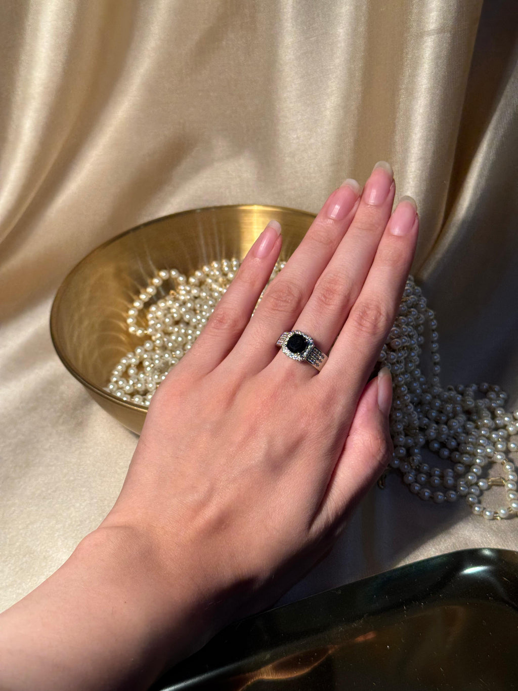 Square Gem Band Silver Ring - Black