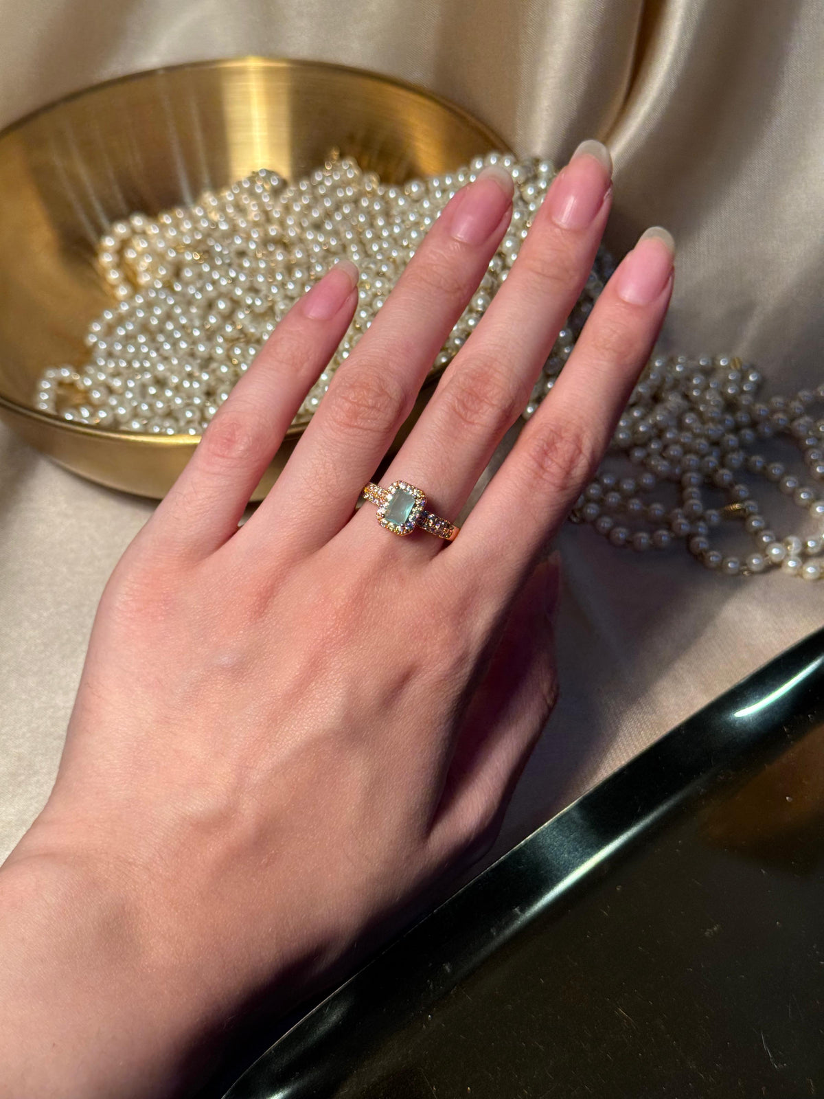 Rectangle Gem Stone Ring Gold - sage green