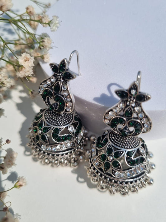 Naina silver jhumkiyan - (Green)