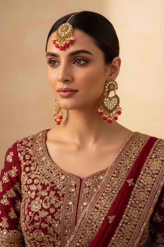 Kundan Moti Karigar Bindi And Earrings Set - Red