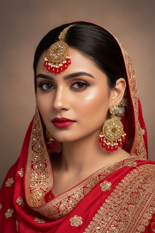 Kundan Karigar Shahkar Bindi And Earrings Set - Red