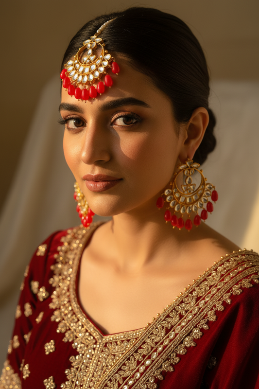 Kundan Shisha Bindi And Earrings Set - Red