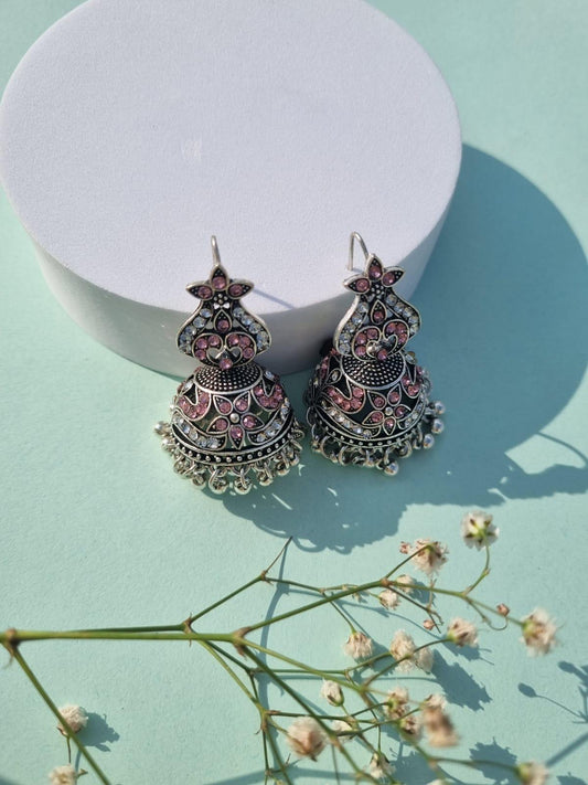 Naina silver jhumkiyan - (Pink)