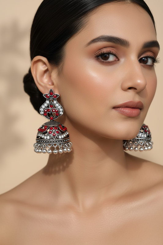Os Naina silver jhumkiyan - (Red)