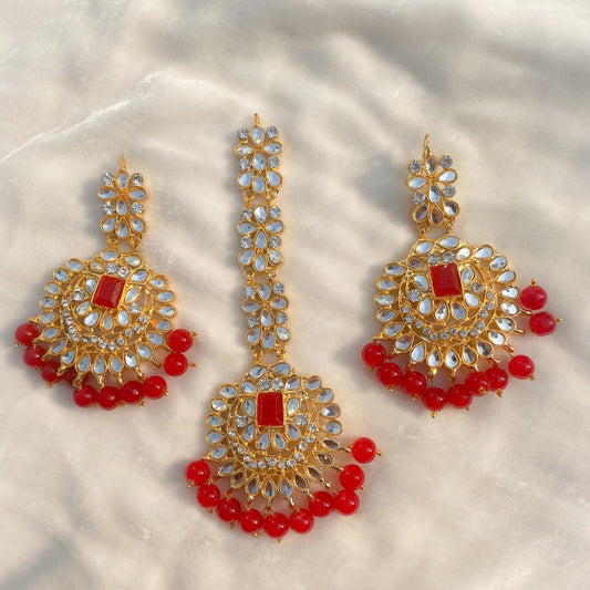 CD-20-2-89 Kundan Shahkar Bindi And Earrings Set - Red