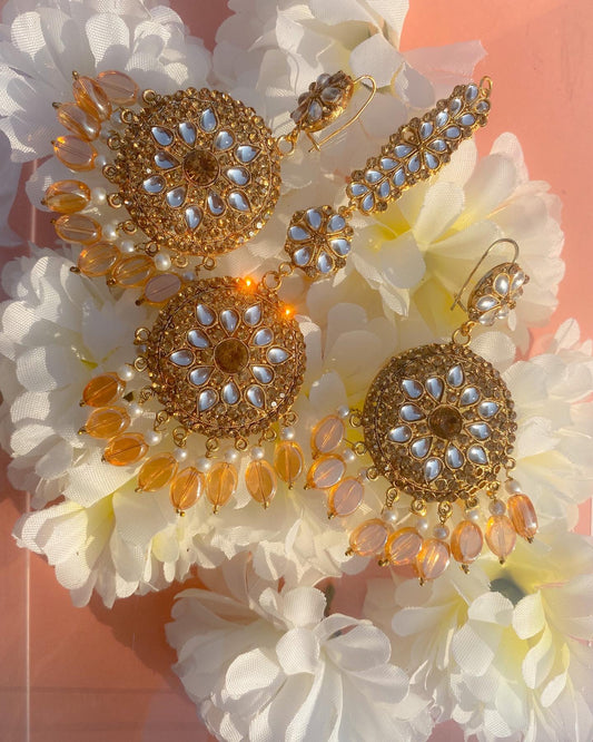 CD-20-2-89 Kundan Karigar Shahkar Bindi And Earrings Set - Champaigne