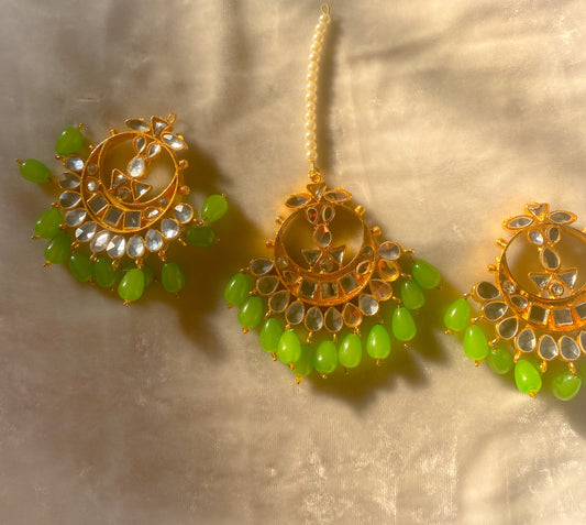 CD-20-2-89 Kundan Shisha Bindi And Earrings Set - Green